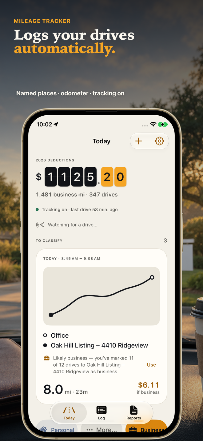 Tallymile Today screen: year-to-date deductions, tracking on, and a drive to classify